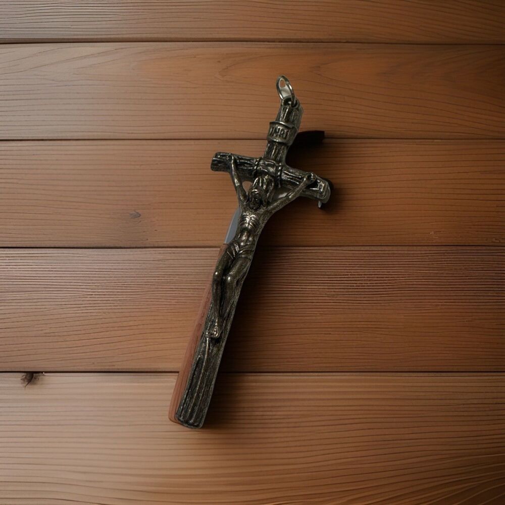 Vintage Silver Tone Log Cross Crucifix Pendant INRI Rustic Branch Style 2.5 In